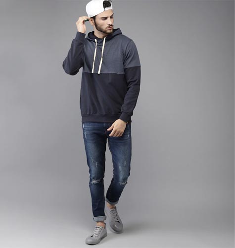 Men Navy Blue Colourblocked Hooded Sweatshirt
